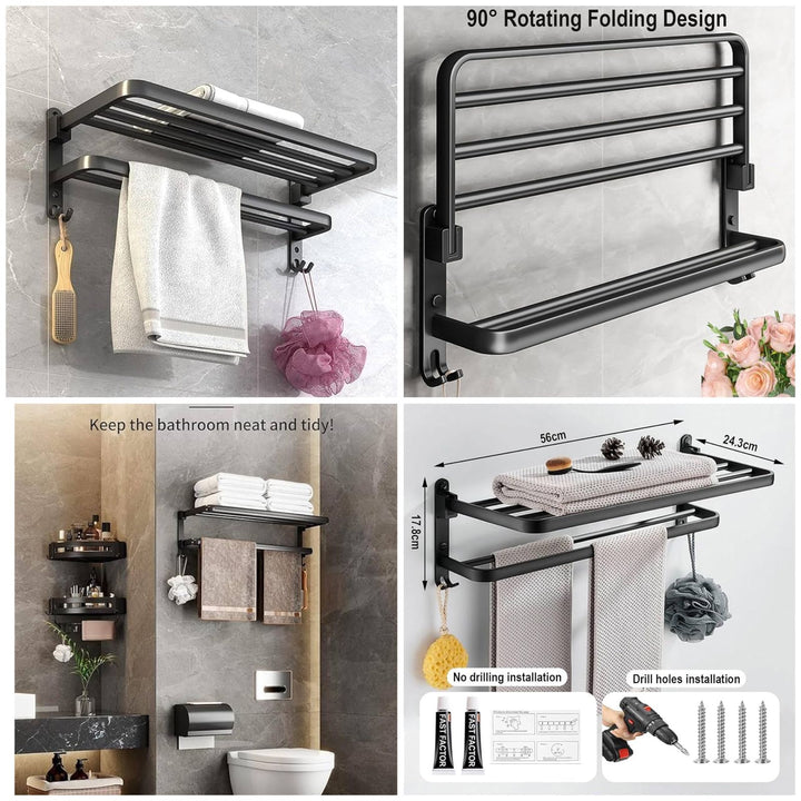 Metal Wall Mounted Double Towel Holder With Hook – 90° Rotating Foldable Towel Rack