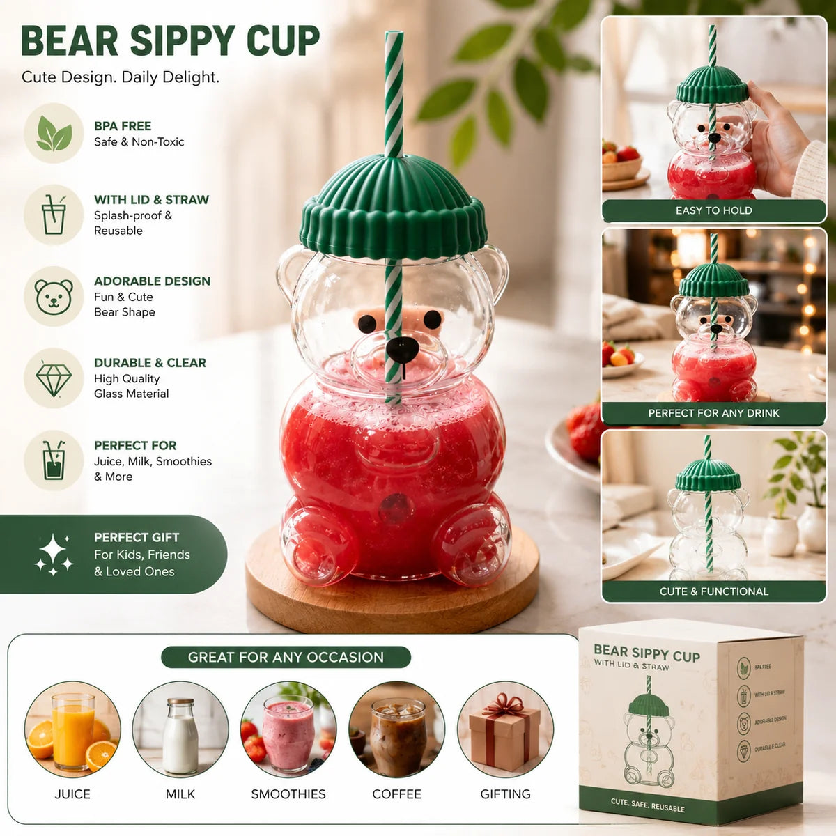 Tekzox Bear-Shaped Glass Cup – Cute Tumbler with Lid &amp; Reusable Straw