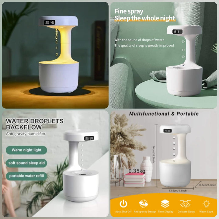 Anti-Gravity Humidifier  Water Droplets Backflow Diffuser with Clock &amp; Night Light