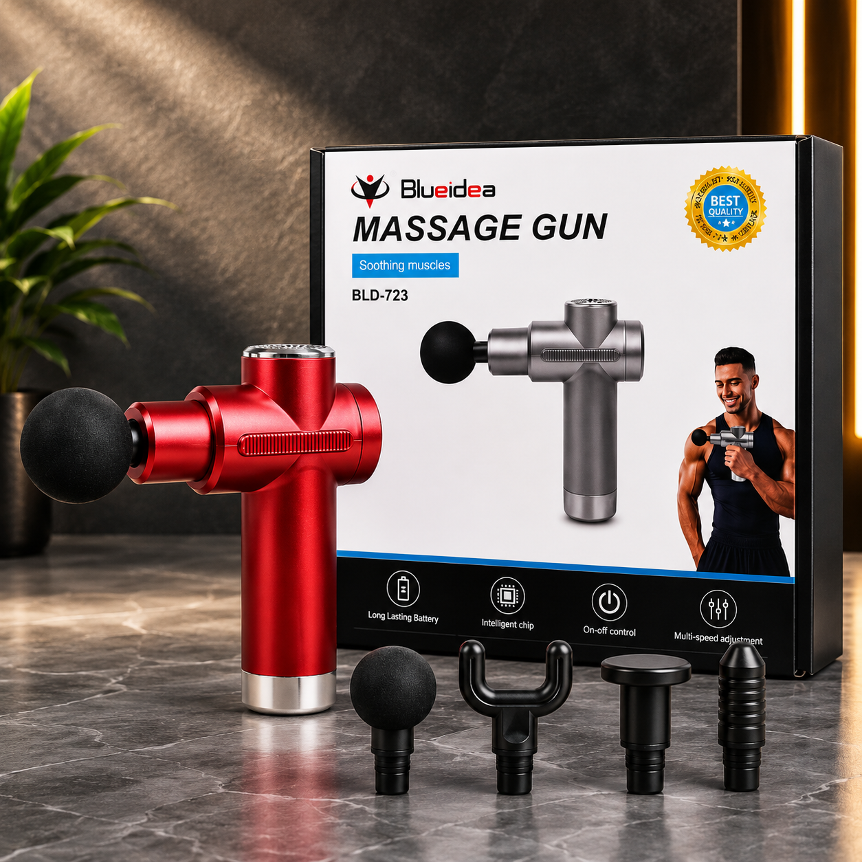 Blueidea BLD-723 Deep Tissue Massage Gun – Portable Percussion Muscle Massager with 4 Massage Heads, Multi-Speed Vibration, Rechargeable Battery, Low Noise Design for Back, Neck, Shoulder, Leg & Full Body Pain Relief
