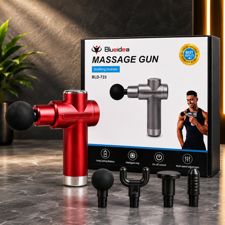 Blueidea BLD-723 Deep Tissue Massage Gun – Portable Percussion Muscle Massager with 4 Massage Heads, Multi-Speed Vibration, Rechargeable Battery, Low Noise Design for Back, Neck, Shoulder, Leg & Full Body Pain Relief