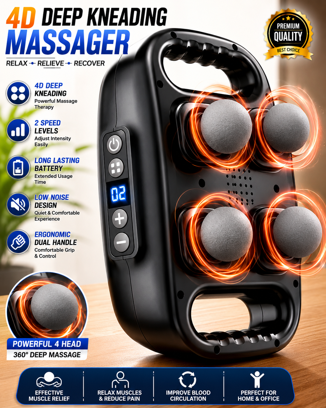 Professional 4D Deep Tissue Massager Machine – Portable Electric Muscle Relaxation Device with Adjustable Speeds, Rechargeable Battery & Full Body Pain Relief Therapy