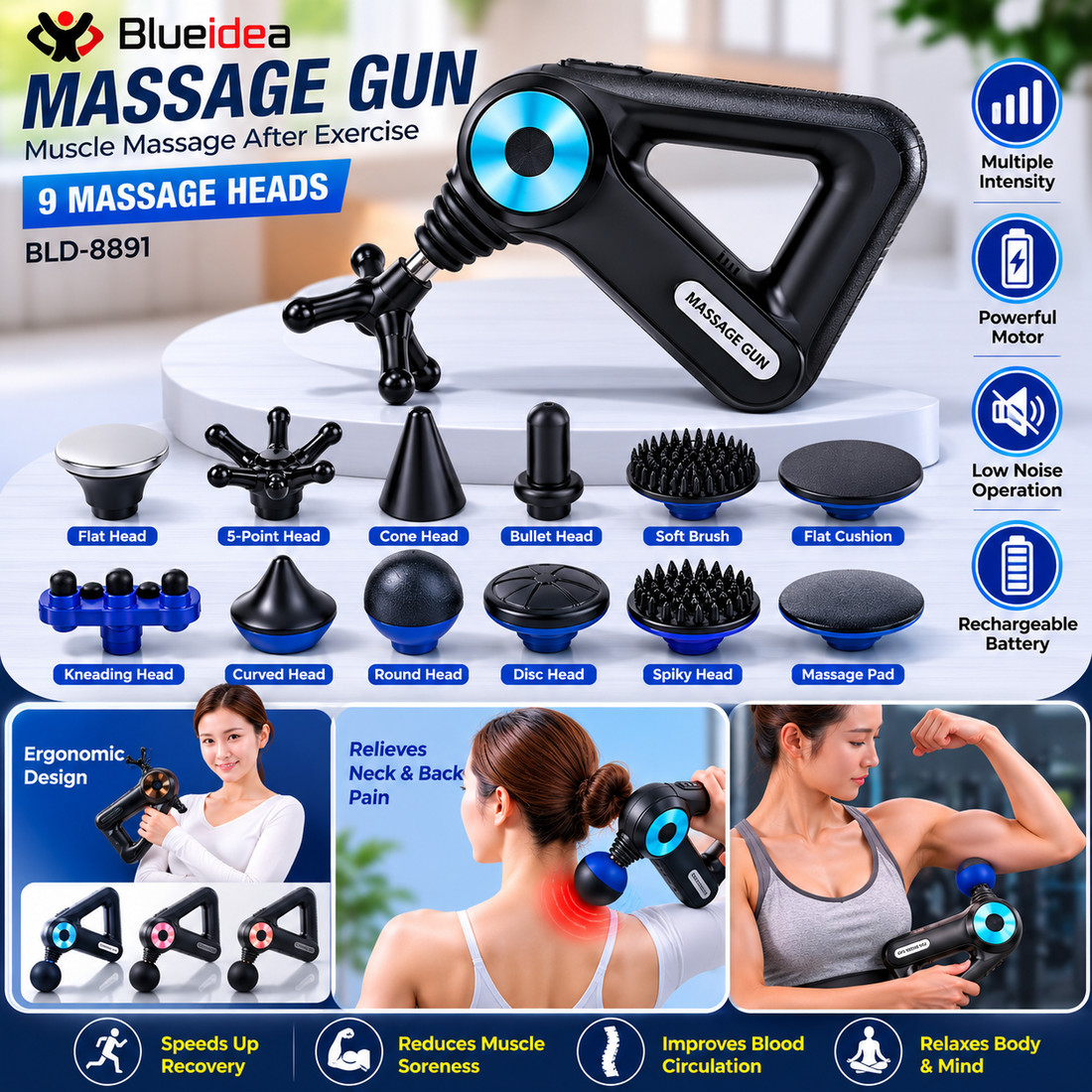 Professional Deep Tissue Massage Gun BLD-8891 with 9 Massage Heads – Rechargeable Handheld Muscle Massager for Pain Relief, Muscle Recovery, Sports Therapy & Full Body Relaxation