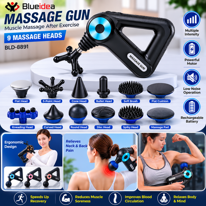 Professional Deep Tissue Massage Gun BLD-8891 with 9 Massage Heads – Rechargeable Handheld Muscle Massager for Pain Relief, Muscle Recovery, Sports Therapy & Full Body Relaxation