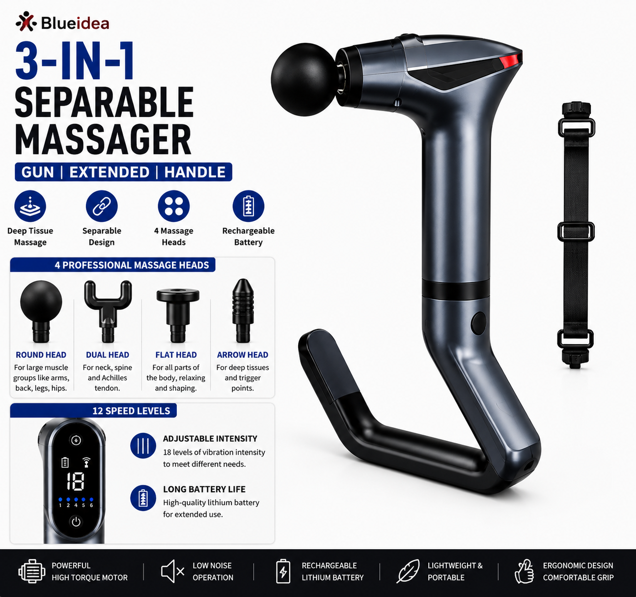 3-in-1 Deep Tissue Massage Gun BLD-638 – Separable Vibrating Massager with 4 Massage Heads, 12 Speed Levels, Rechargeable Portable Muscle Recovery Massager for Neck, Back, Shoulders & Legs