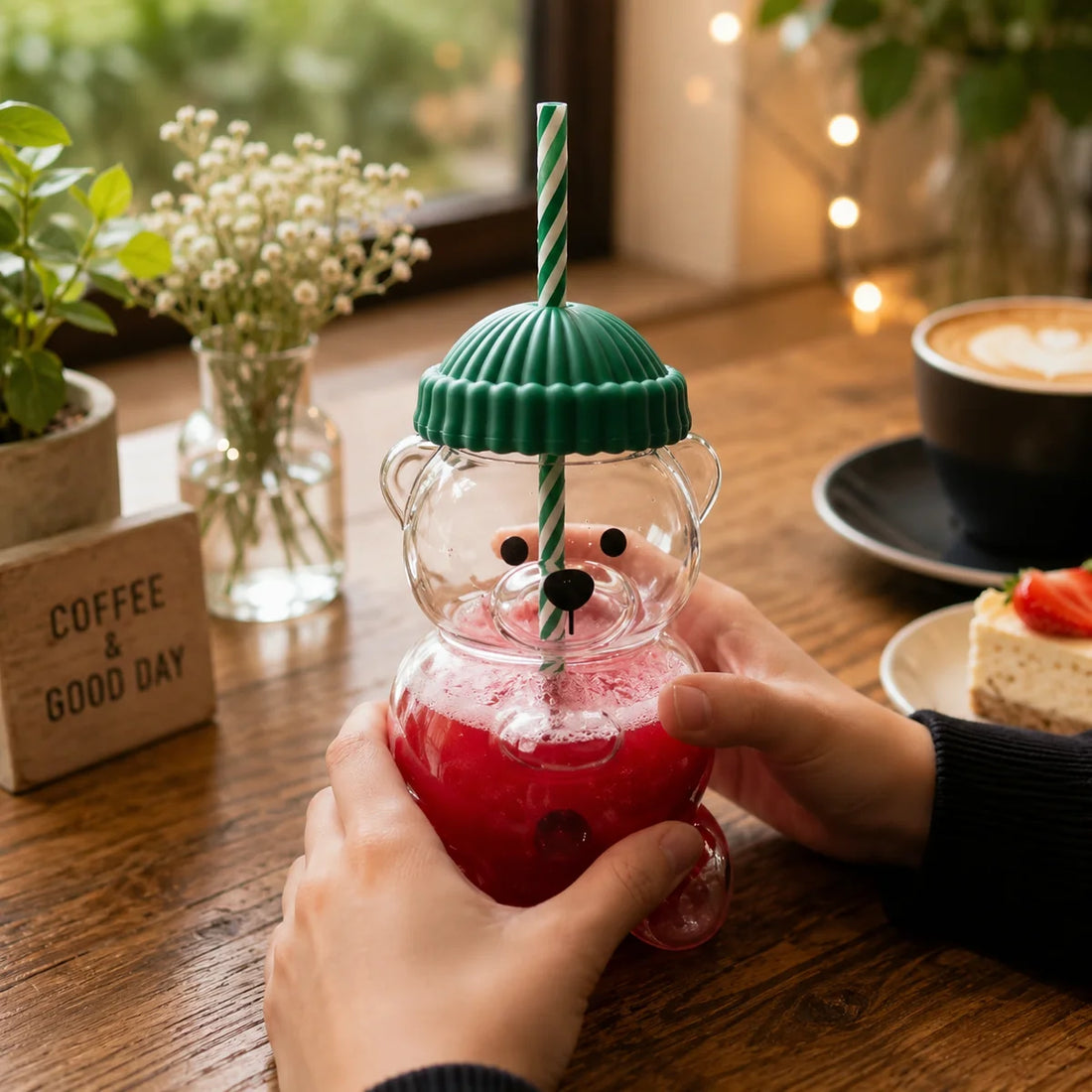 Tekzox Bear-Shaped Glass Cup – Cute Tumbler with Lid &amp; Reusable Straw