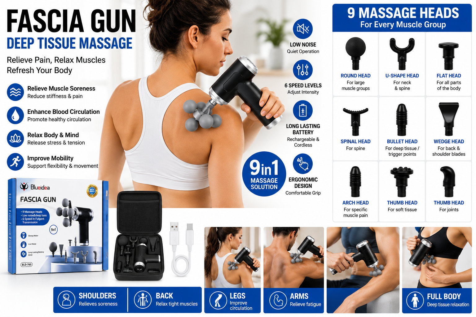 Professional Deep Tissue Massage Gun with 9 Massage Heads – Rechargeable Percussion Muscle Recovery Device, Silent High-Torque Motor, Portable Full Body Massager for Athletes & Pain Relief