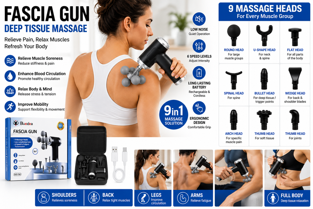 Professional Deep Tissue Massage Gun with 9 Massage Heads – Rechargeable Percussion Muscle Recovery Device, Silent High-Torque Motor, Portable Full Body Massager for Athletes & Pain Relief