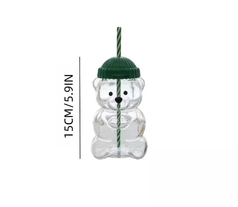 Tekzox Bear-Shaped Glass Cup – Cute Tumbler with Lid &amp; Reusable Straw