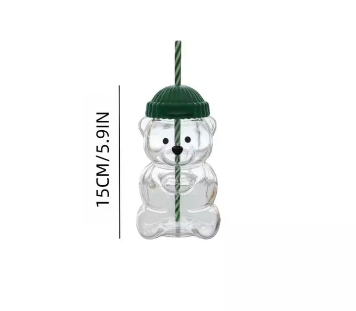 Tekzox Bear-Shaped Glass Cup – Cute Tumbler with Lid &amp; Reusable Straw