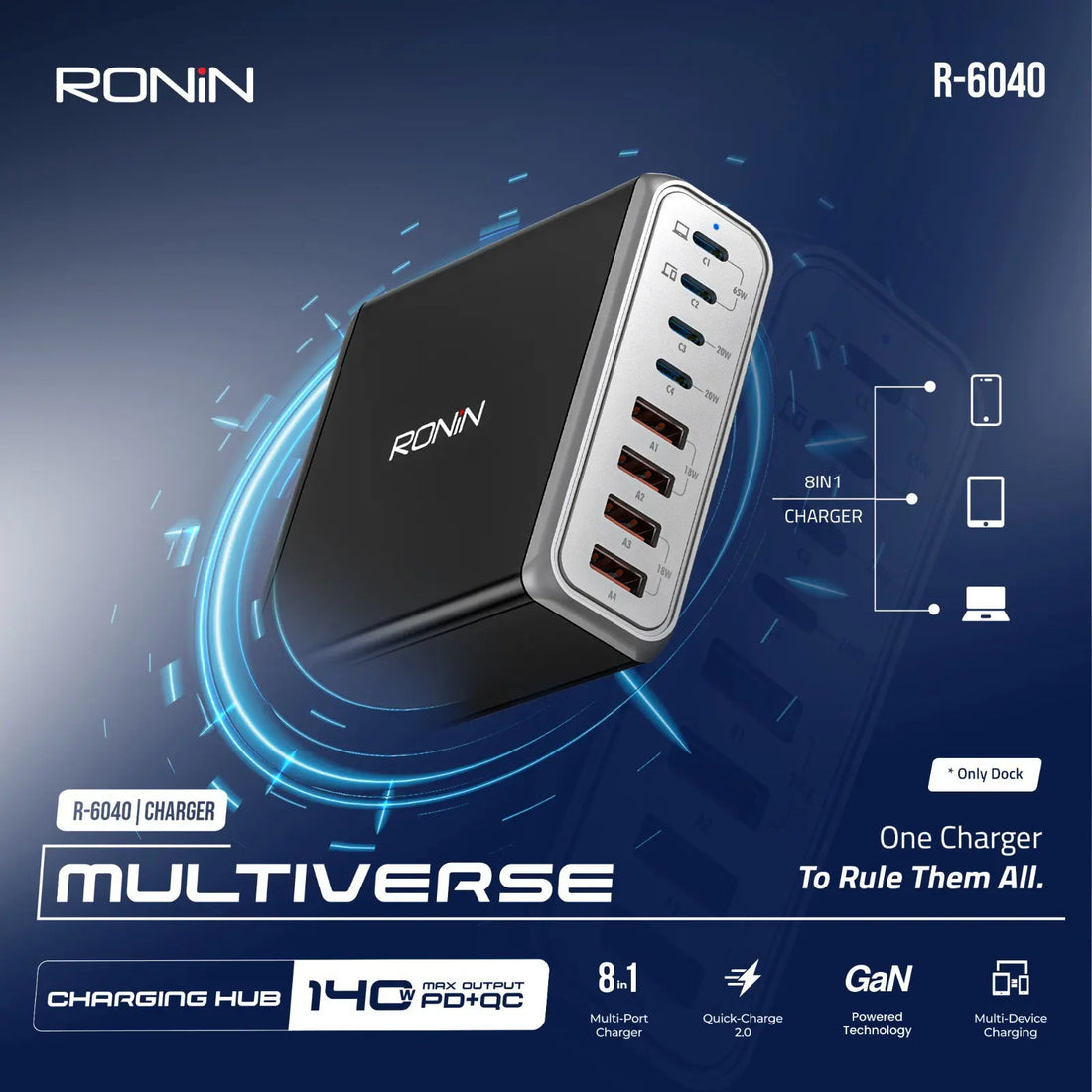 Ronin Multiverse Charging Hub – R-6040 – 140W – 8 Ports