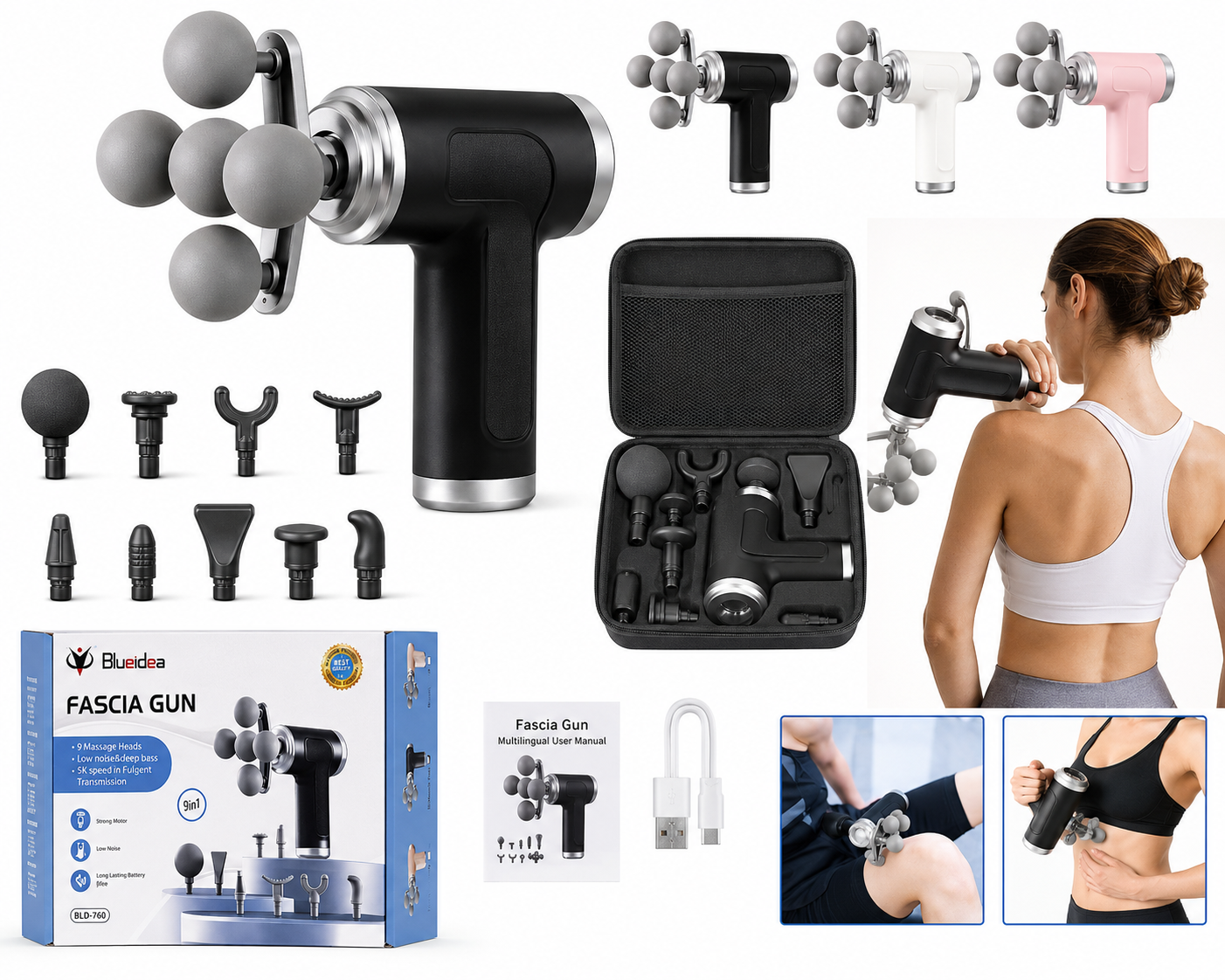 Professional Deep Tissue Massage Gun with 9 Massage Heads – Rechargeable Percussion Muscle Recovery Device, Silent High-Torque Motor, Portable Full Body Massager for Athletes & Pain Relief