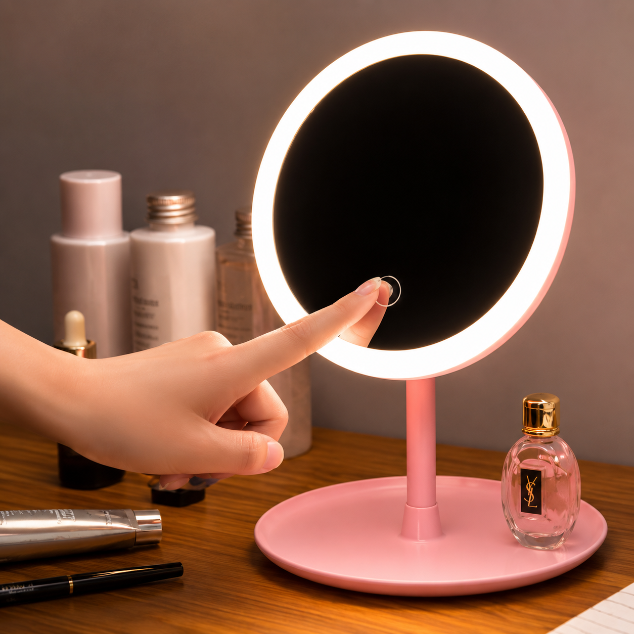 LED Makeup Vanity Mirror with Touch Sensor Light – 360° Rotatable HD Cosmetic Mirror – Adjustable Brightness Desk Table Mirror for Makeup, Skincare & Beauty (Pink)