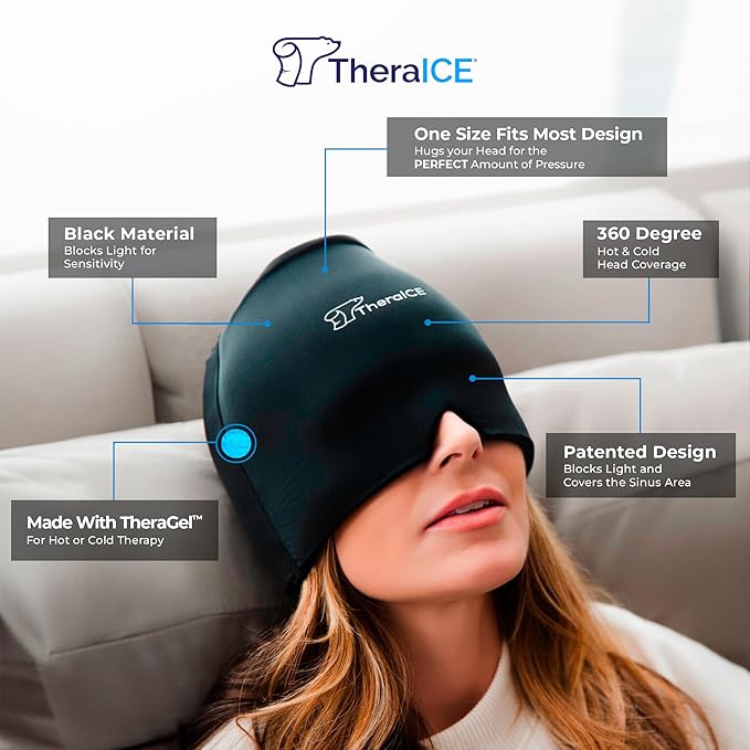TheraICE Headache Relief Cap, Migraine Ice Pack Mask Products, Women Cooling Gel Hat, Face Cold Compress Head Wrap for Her Stress.