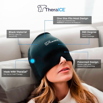 TheraICE Headache Relief Cap, Migraine Ice Pack Mask Products, Women Cooling Gel Hat, Face Cold Compress Head Wrap for Her Stress.