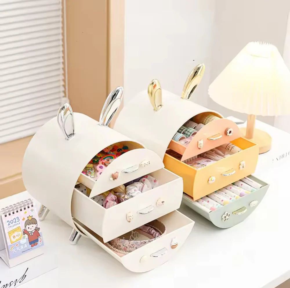 Tekzox Kawaii Rabbit Desktop Organizer – Multi-Layer Storage Box with Drawers