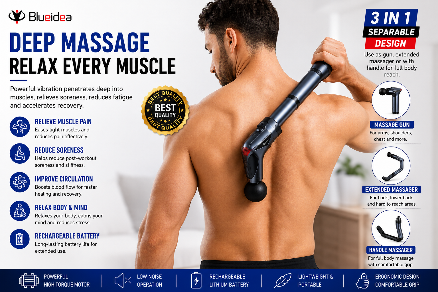 3-in-1 Deep Tissue Massage Gun BLD-638 – Separable Vibrating Massager with 4 Massage Heads, 12 Speed Levels, Rechargeable Portable Muscle Recovery Massager for Neck, Back, Shoulders & Legs