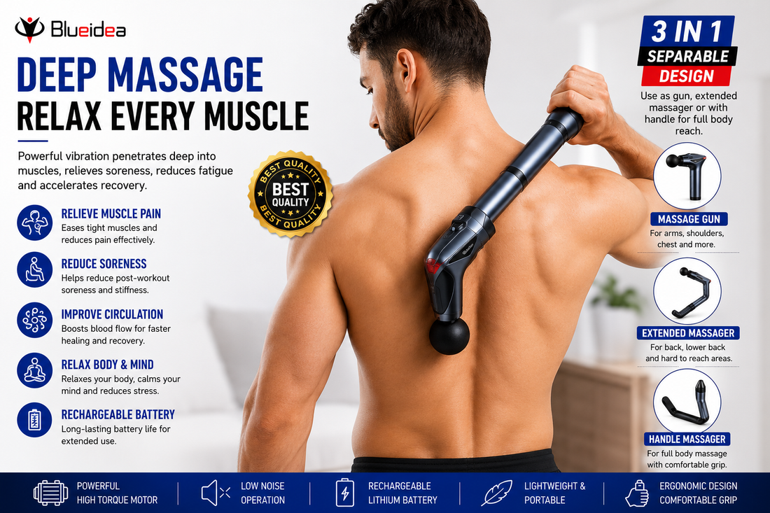 3-in-1 Deep Tissue Massage Gun BLD-638 – Separable Vibrating Massager with 4 Massage Heads, 12 Speed Levels, Rechargeable Portable Muscle Recovery Massager for Neck, Back, Shoulders & Legs