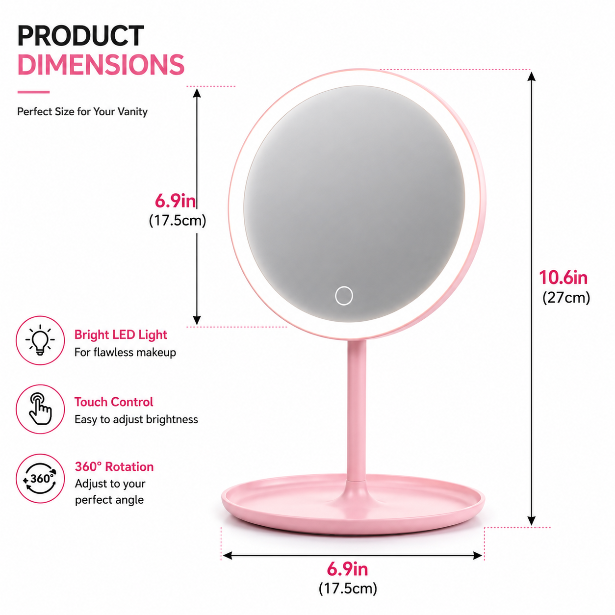 LED Makeup Vanity Mirror with Touch Sensor Light – 360° Rotatable HD Cosmetic Mirror – Adjustable Brightness Desk Table Mirror for Makeup, Skincare & Beauty (Pink)
