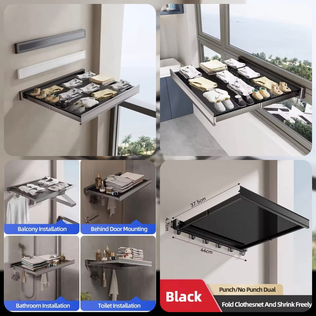 NEW ARRIVAL | Tekzox Wall Mounted Cloth Drying Rack With Hook (Black)