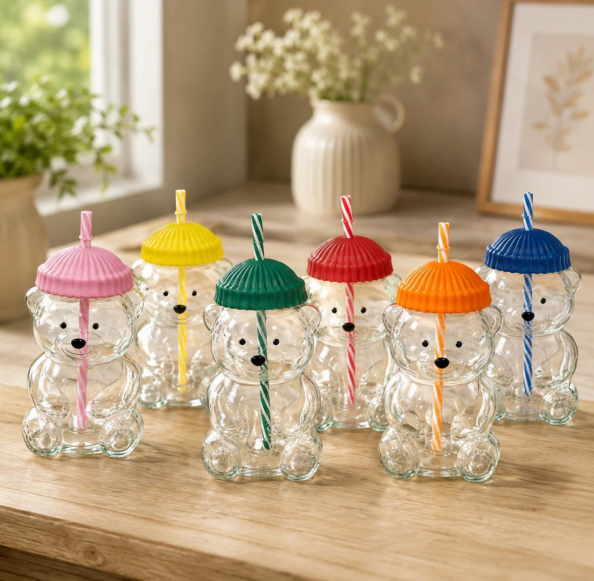 Tekzox Bear-Shaped Glass Cup – Cute Tumbler with Lid &amp; Reusable Straw