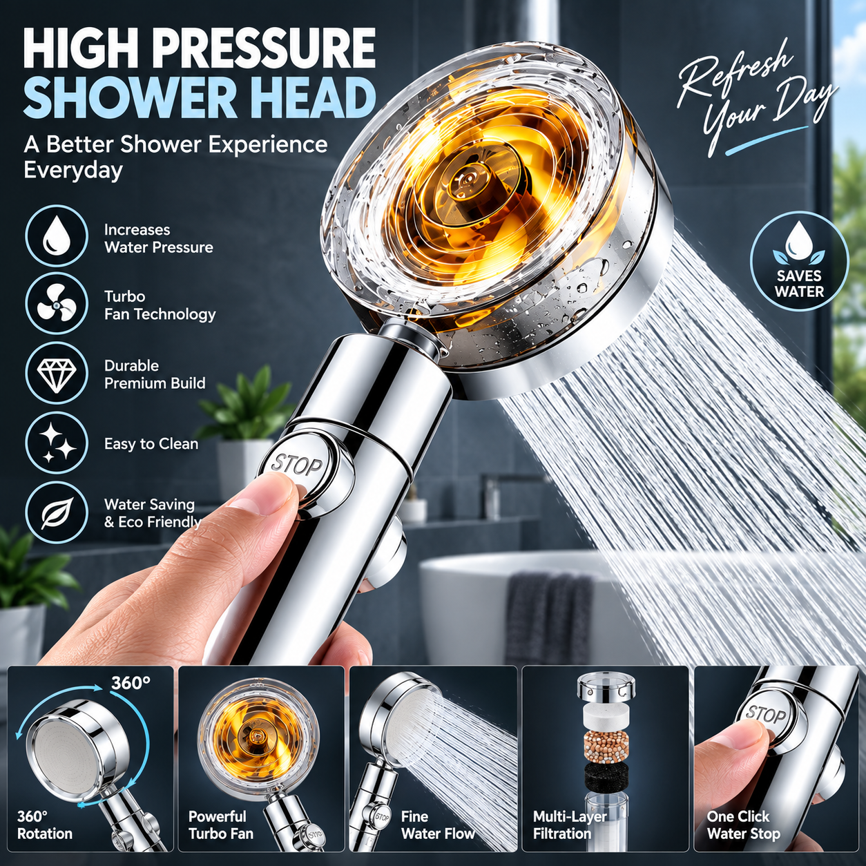Tekzox 306 o Pressurized Shower Head Turbine Shower