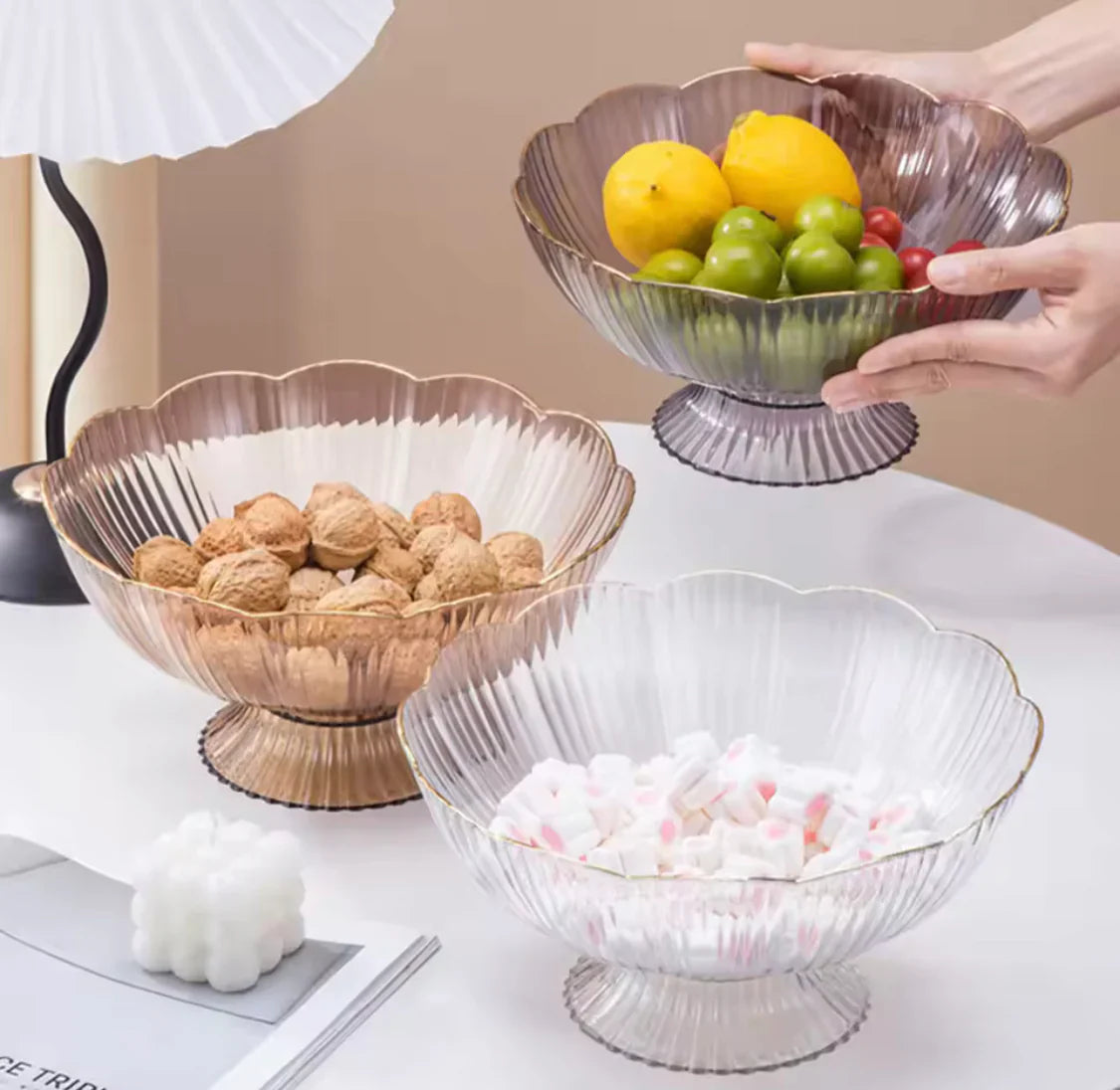Modern Floral Salad Bowl With Base, Fruit Trifle Serving Dish, Luxury Lightweight Fruit Plate, Modern Fruit Bowl