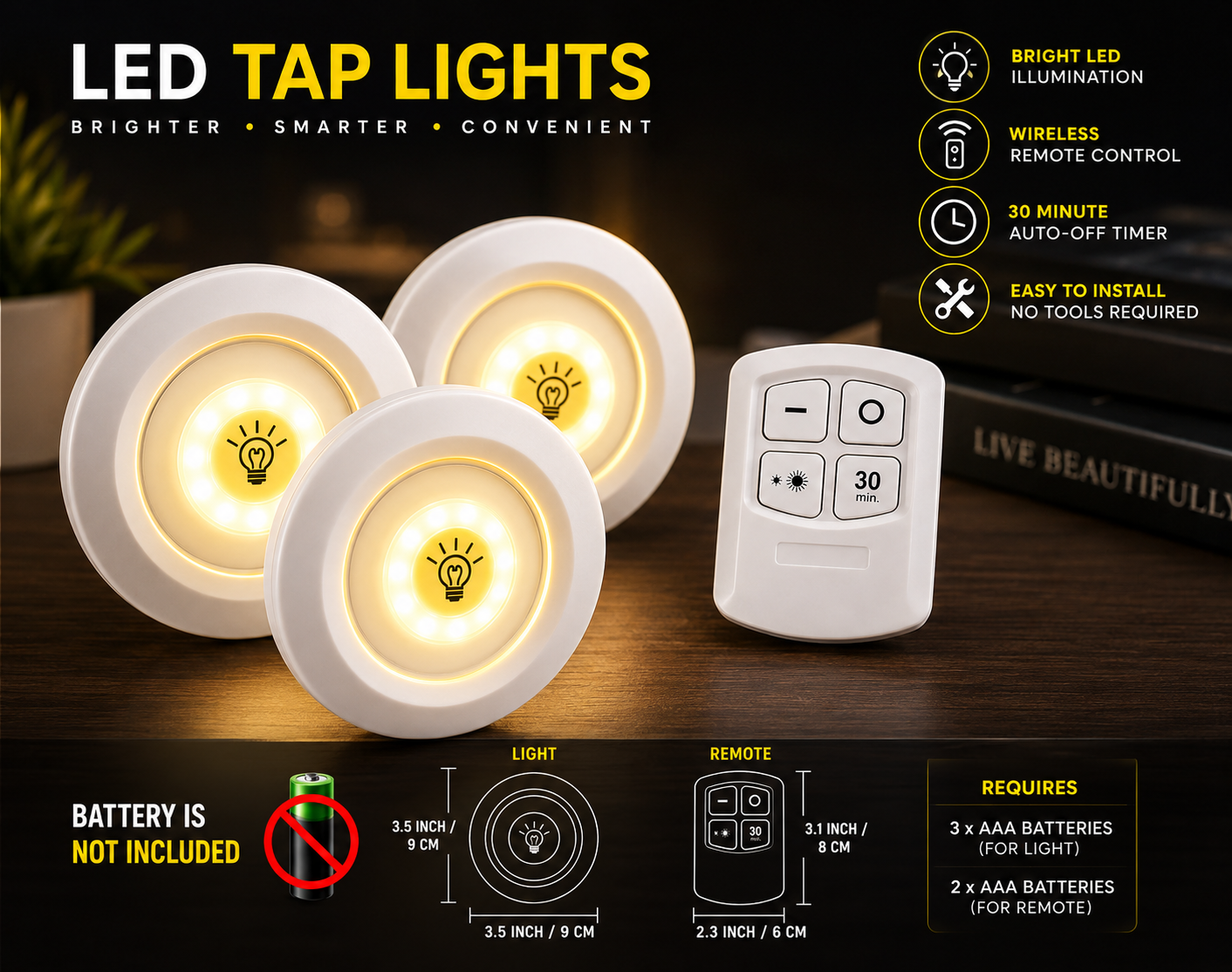 Wireless LED Tap Lights with Remote