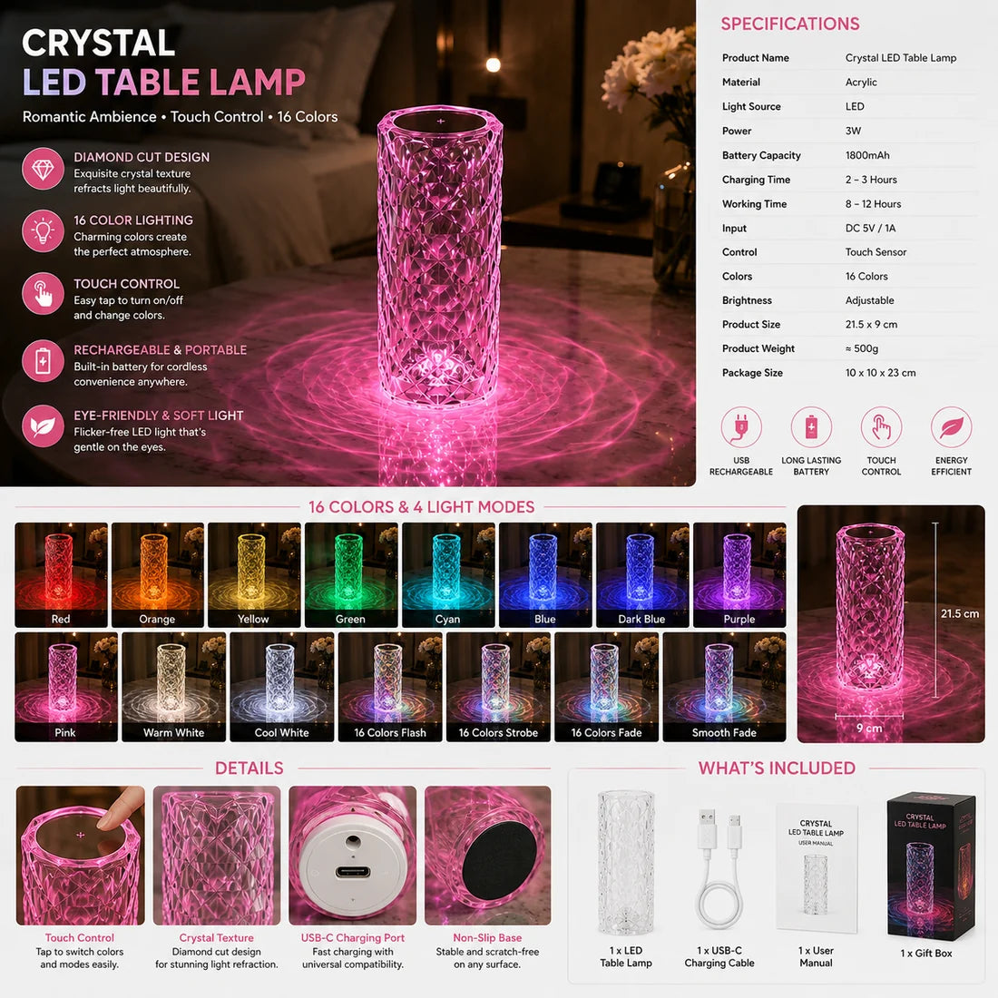 Crystal Rose LED Table Lamp