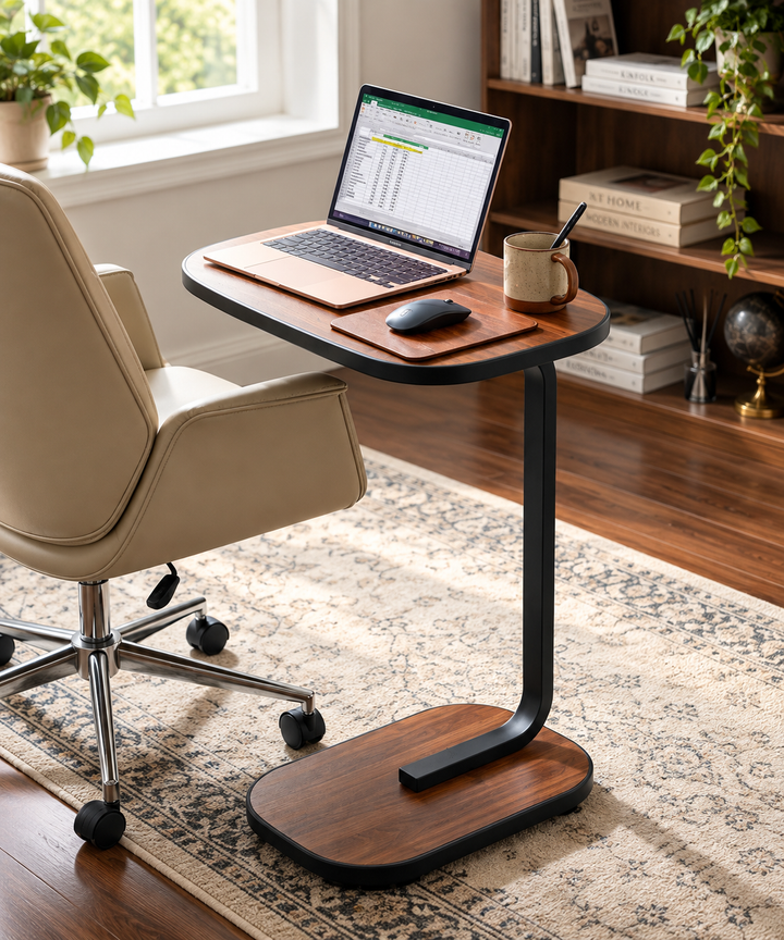 C-Shaped Rolling End Table with Wheels, Movable Sofa Side Table