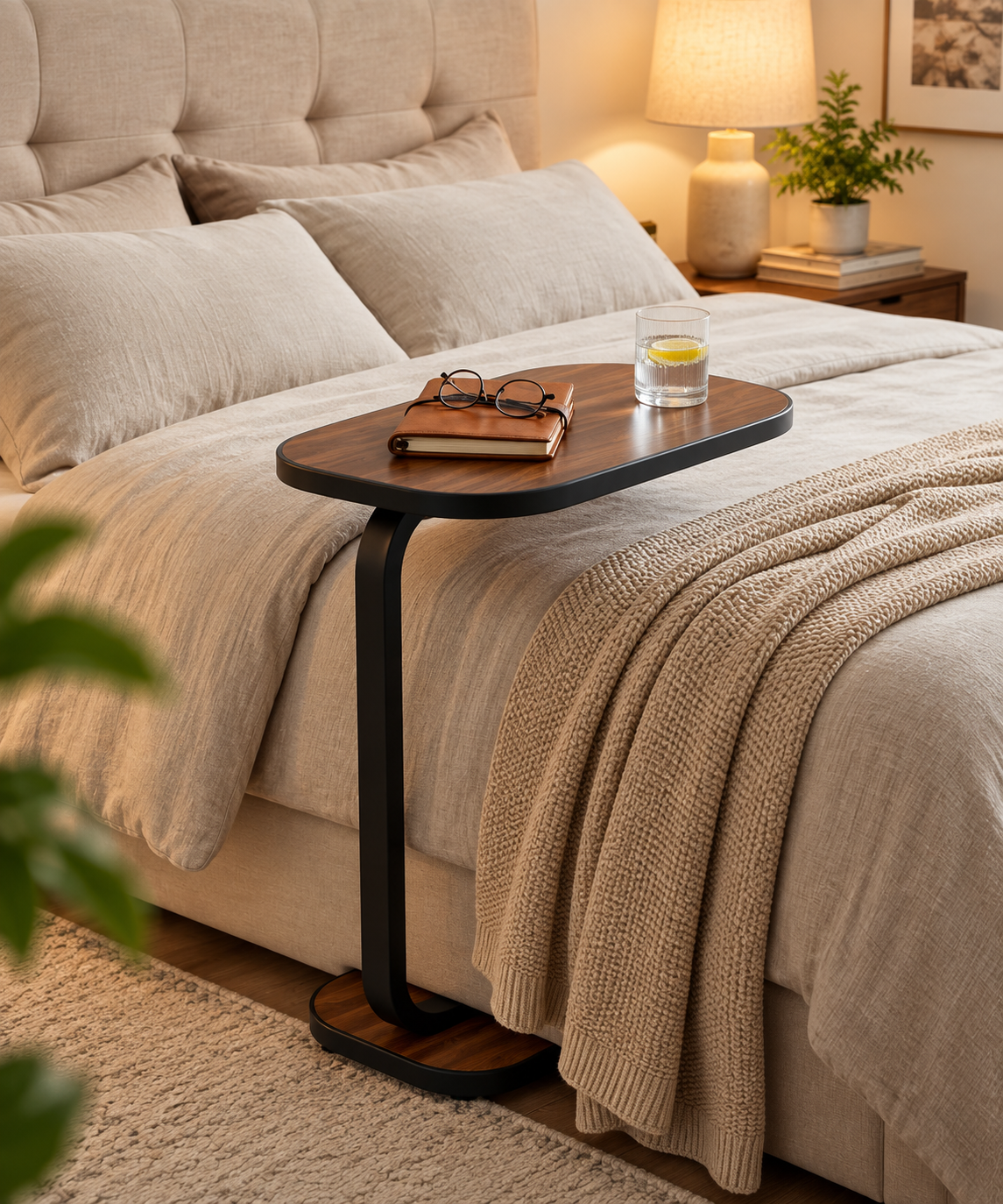 C-Shaped Rolling End Table with Wheels, Movable Sofa Side Table