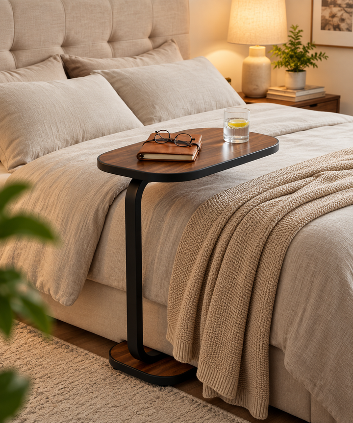 C-Shaped Rolling End Table with Wheels, Movable Sofa Side Table