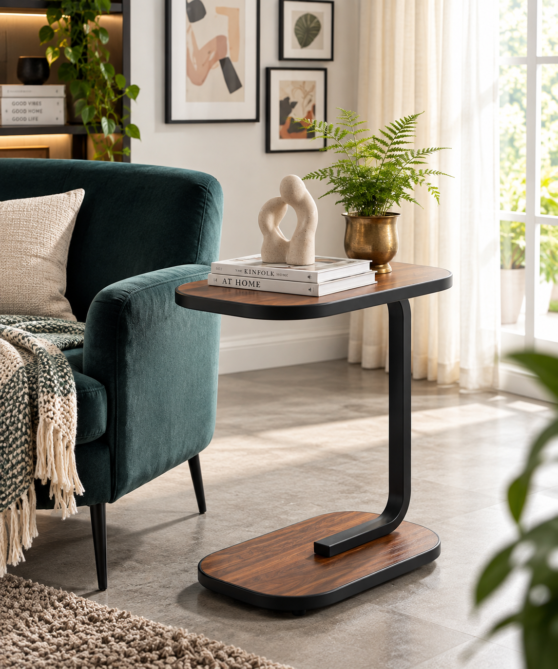 C-Shaped Rolling End Table with Wheels, Movable Sofa Side Table