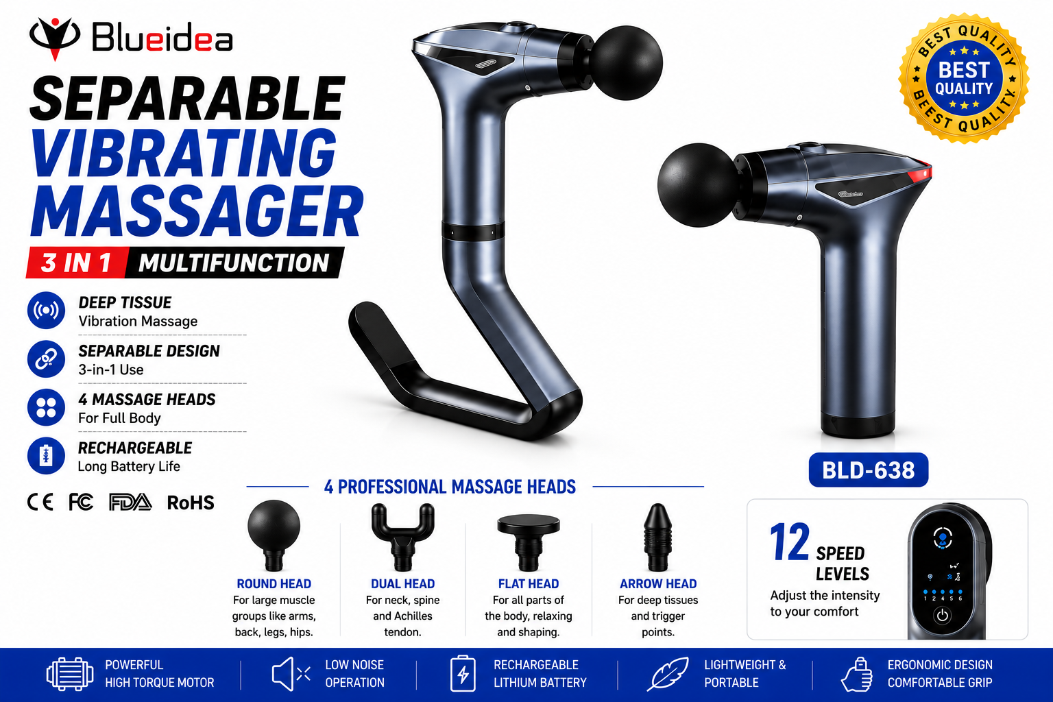 3-in-1 Deep Tissue Massage Gun BLD-638 – Separable Vibrating Massager with 4 Massage Heads, 12 Speed Levels, Rechargeable Portable Muscle Recovery Massager for Neck, Back, Shoulders & Legs