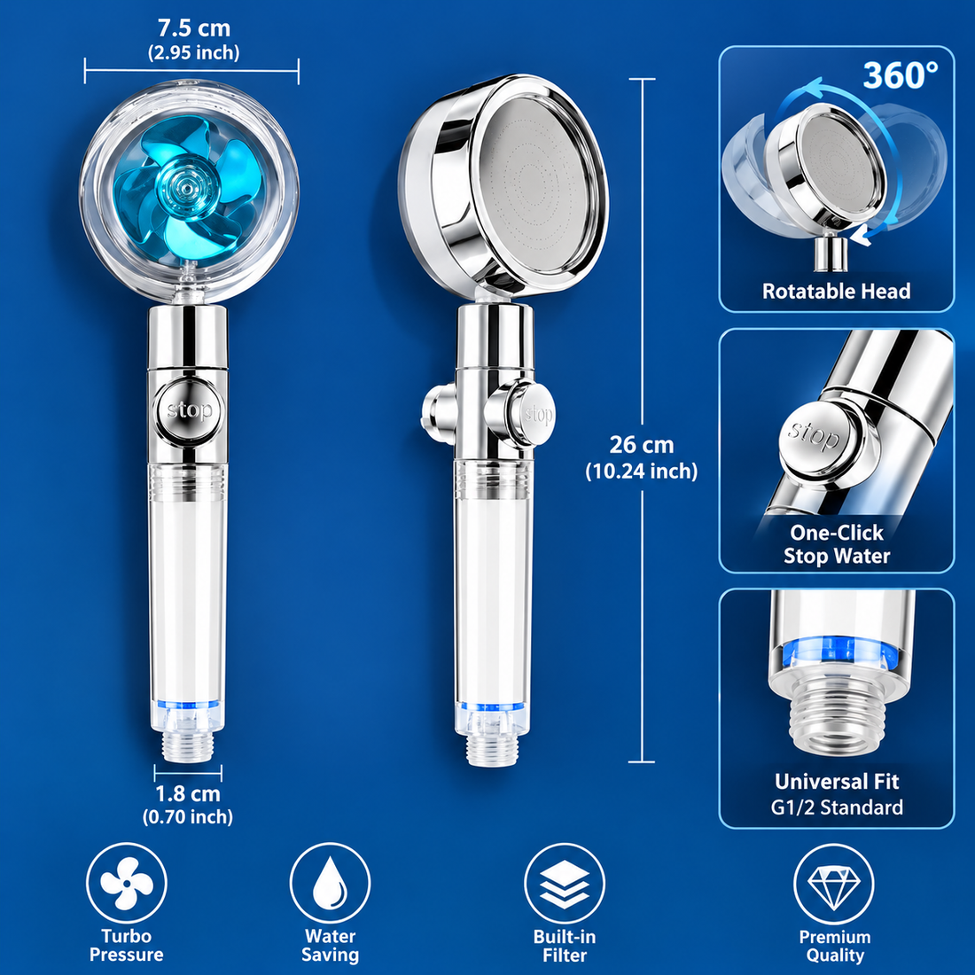 Tekzox 306 o Pressurized Shower Head Turbine Shower