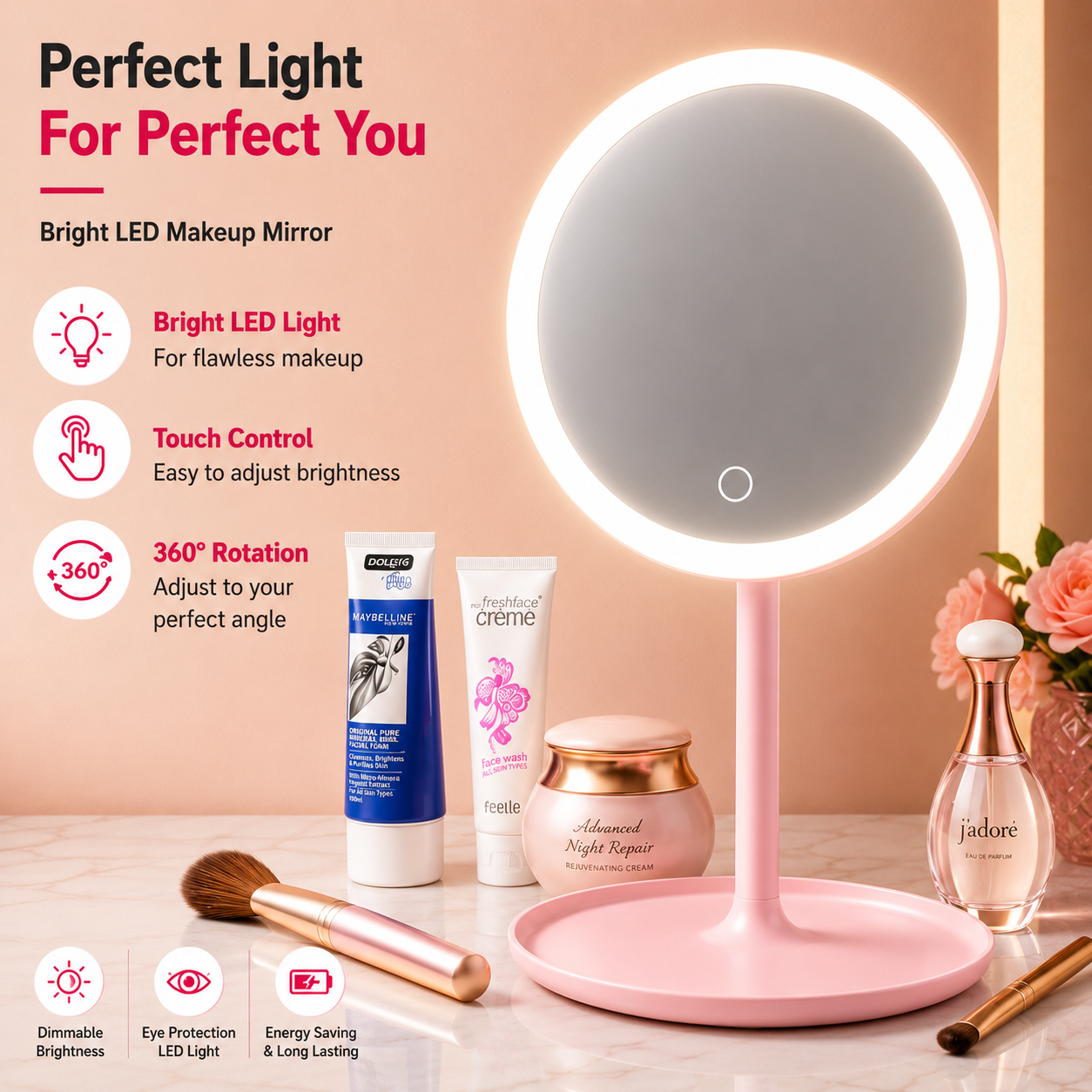 LED Makeup Vanity Mirror with Touch Sensor Light – 360° Rotatable HD Cosmetic Mirror – Adjustable Brightness Desk Table Mirror for Makeup, Skincare & Beauty (Pink)