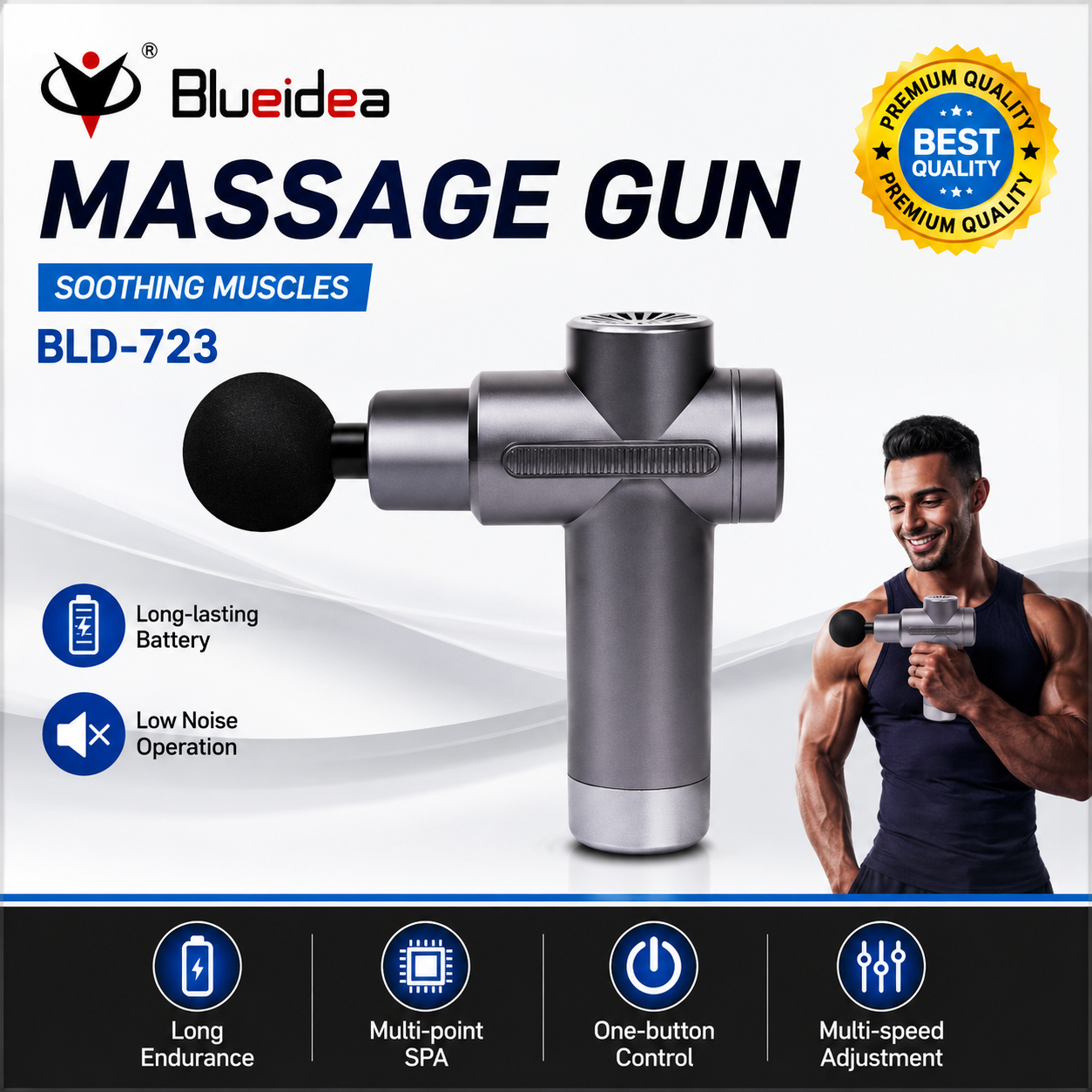 Blueidea BLD-723 Deep Tissue Massage Gun – Portable Percussion Muscle Massager with 4 Massage Heads, Multi-Speed Vibration, Rechargeable Battery, Low Noise Design for Back, Neck, Shoulder, Leg & Full Body Pain Relief