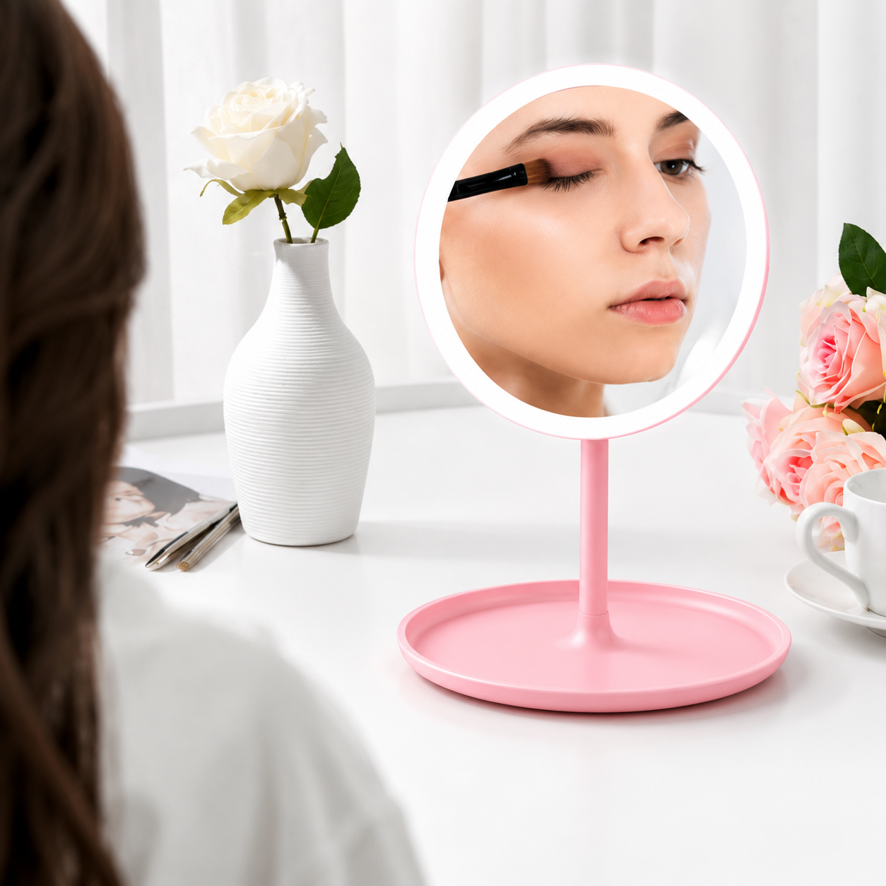 LED Makeup Vanity Mirror with Touch Sensor Light – 360° Rotatable HD Cosmetic Mirror – Adjustable Brightness Desk Table Mirror for Makeup, Skincare & Beauty (Pink)