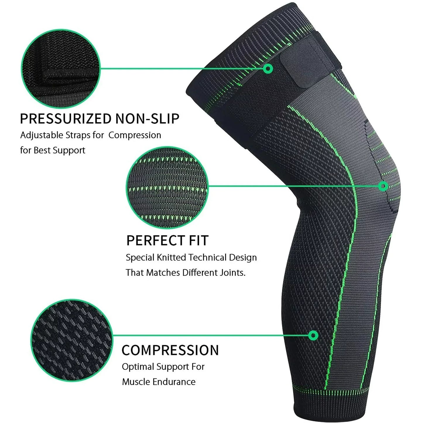 Long Leg Compression Knee Support with Adjustable Strap..