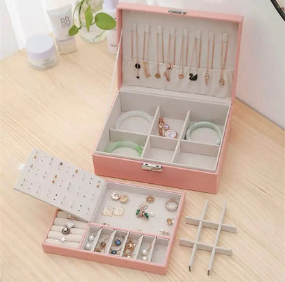 Double Layer Leather Jewellery Box, Earrings And Rings Storage Organizer