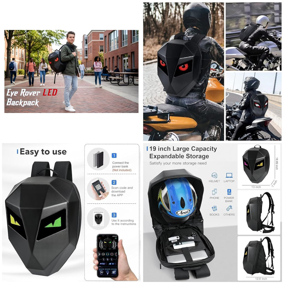Eye Rover LED Backpack  Smart App Controlled Hardshell Backpack with Helmet Compartment
