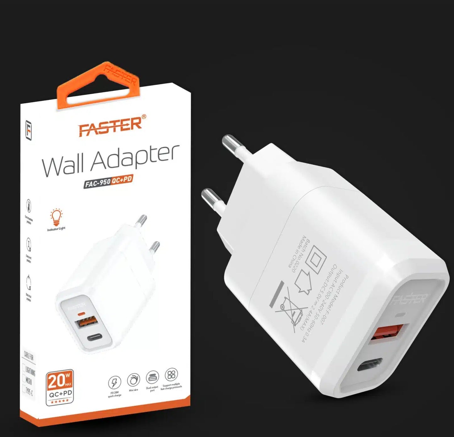 FASTER FAC-950 20W Wall Fast Charger QC+PD Dual Port