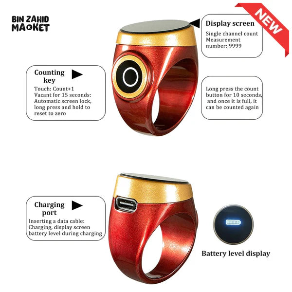 SMART WATERPROOF DIGITAL ZIKR TASBEEH RING – BLUETOOTH 5 PRAYER TIME REMINDER SMART WEARABLE COUNTER